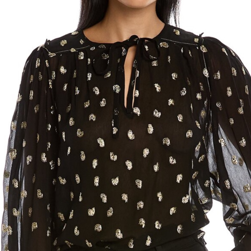 🟠NWT BY TOGETHER Long Sleeve Sheer Blouse w/Tie at Neck in Black/Gold SMALL